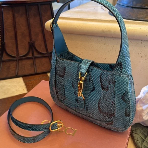 NWT IN BOX Limited Edition GUCCI MED JACKIE EXOTIC SKINS BLUE PYTHON - Picture 5 of 6